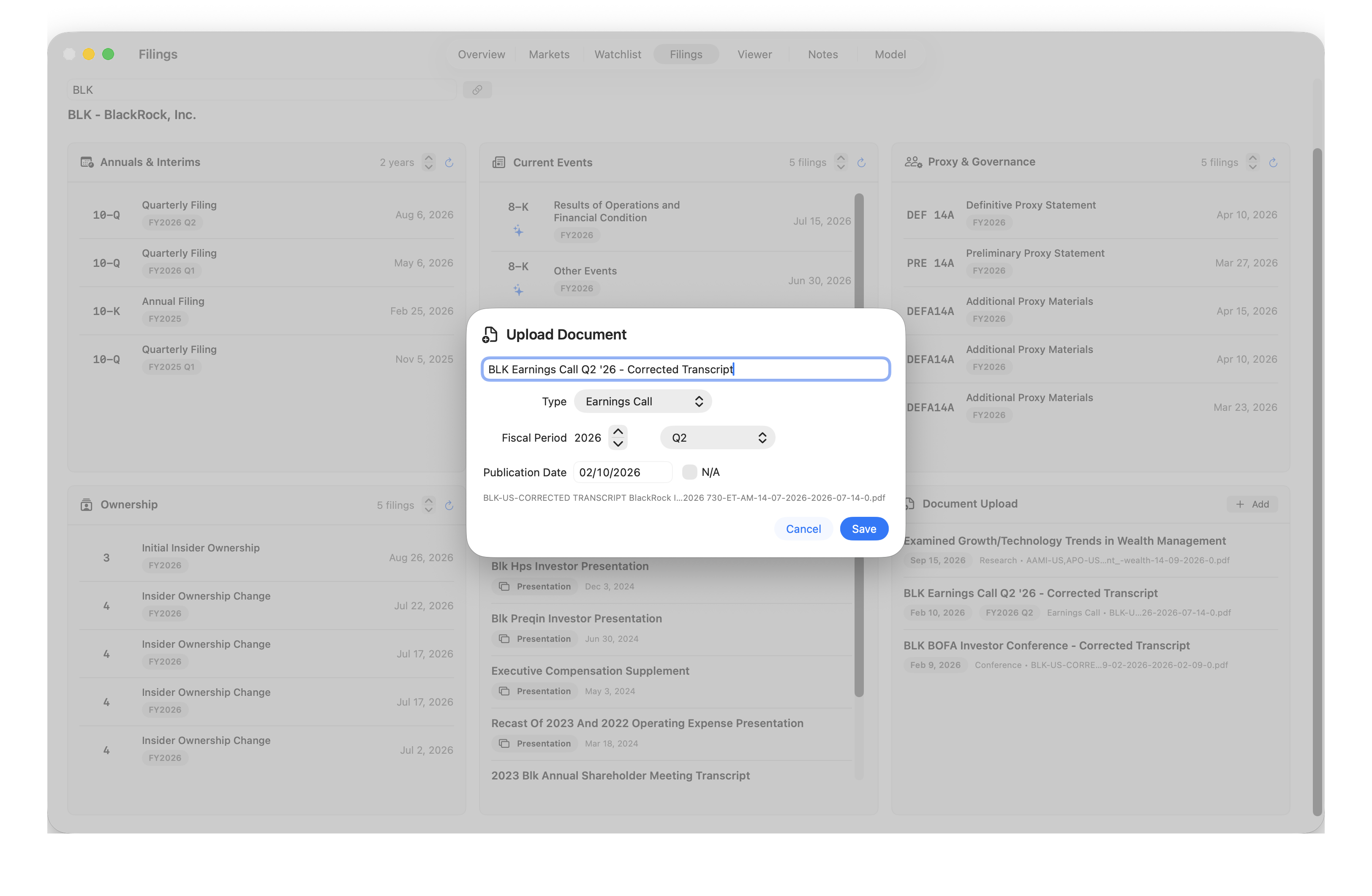 Upload Document dialog for a BlackRock earnings call transcript, with title, type, fiscal period, and publication date fields.