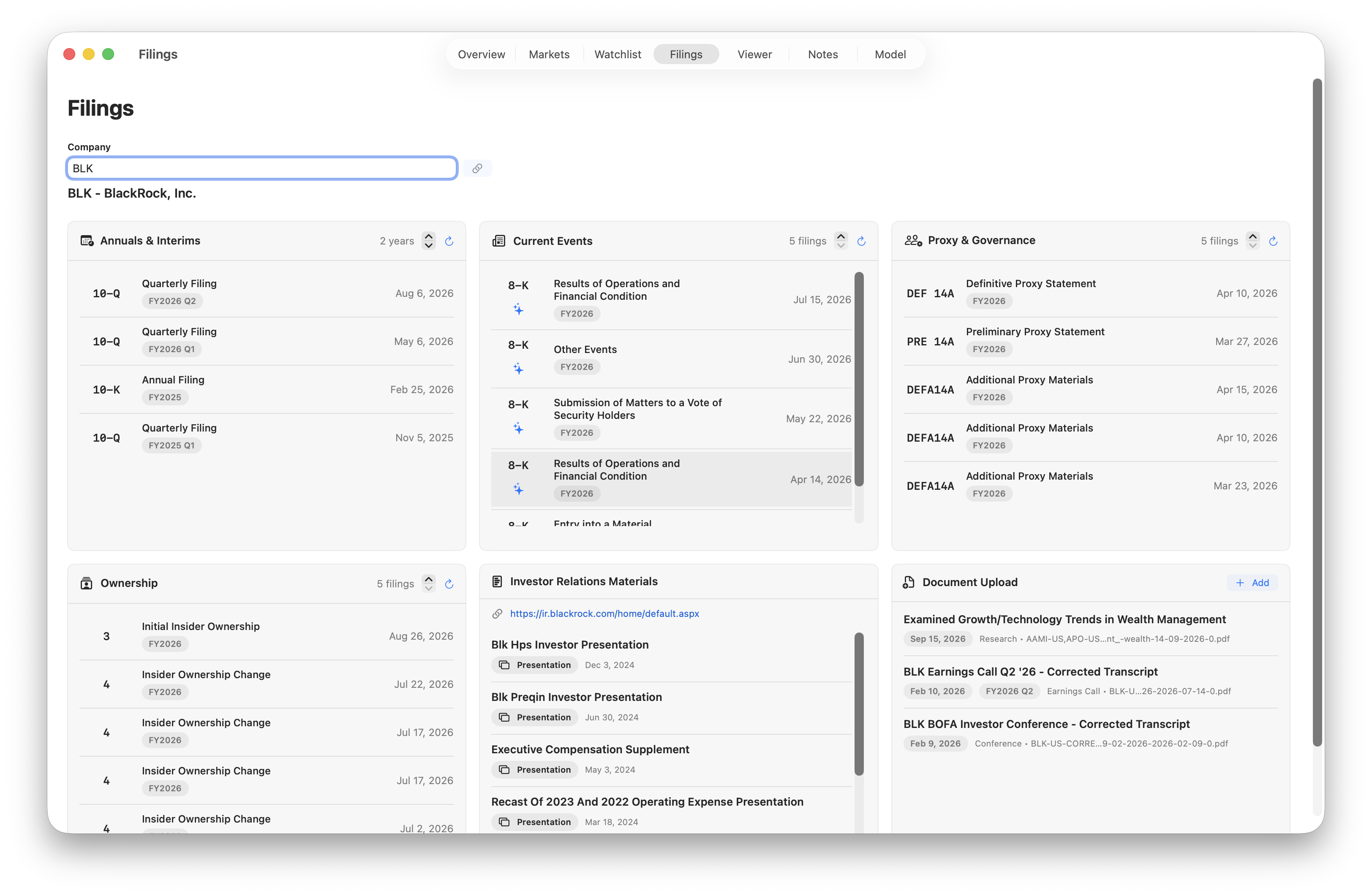 BlackRock selected in Filings, with the company search and link icon above Annuals & Interims, Current Events, Proxy & Governance, Ownership, Investor Relations Materials, and Document Upload panels.