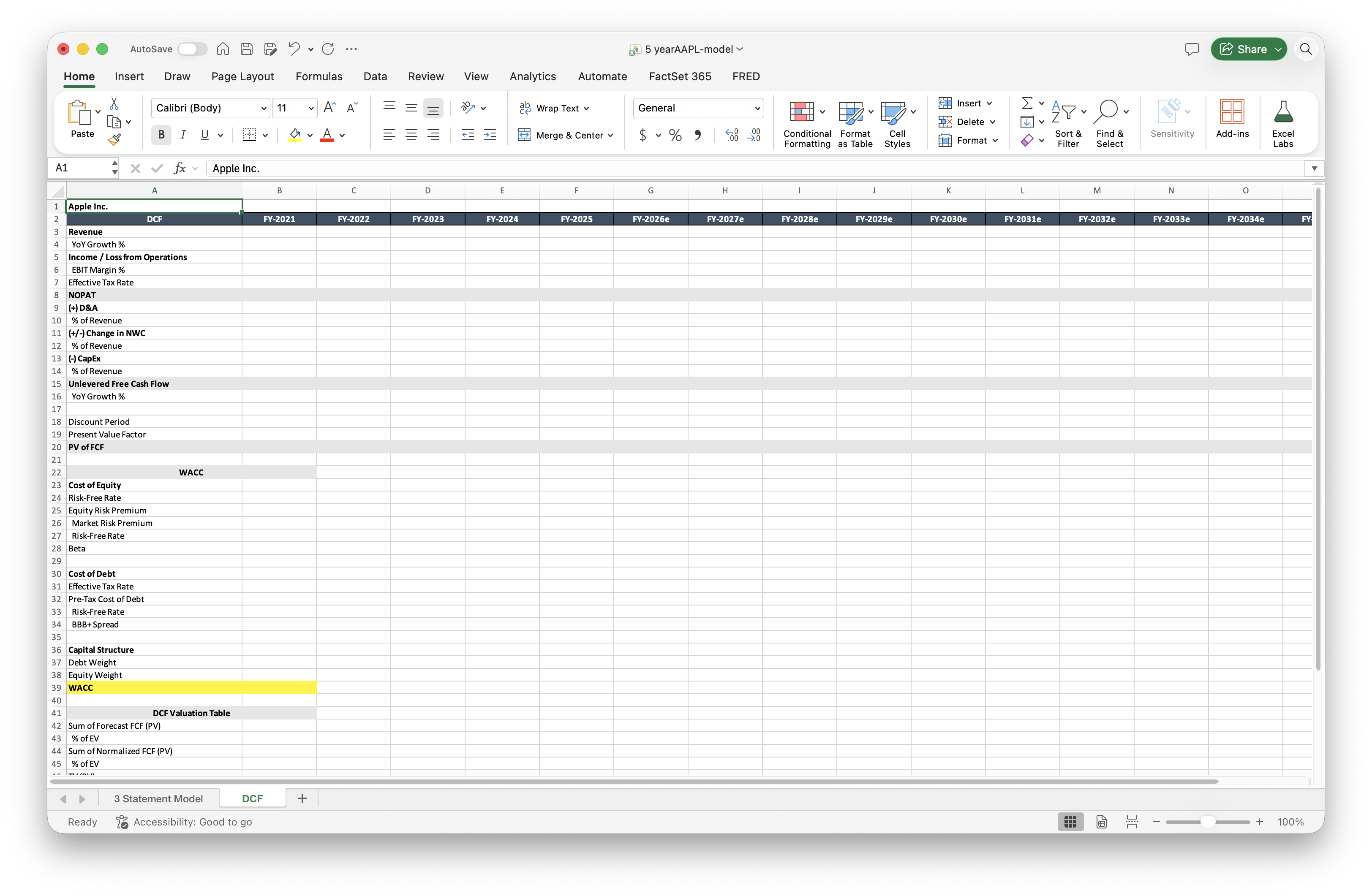DCF template in Excel with cash-flow projections, WACC inputs, and a valuation table.