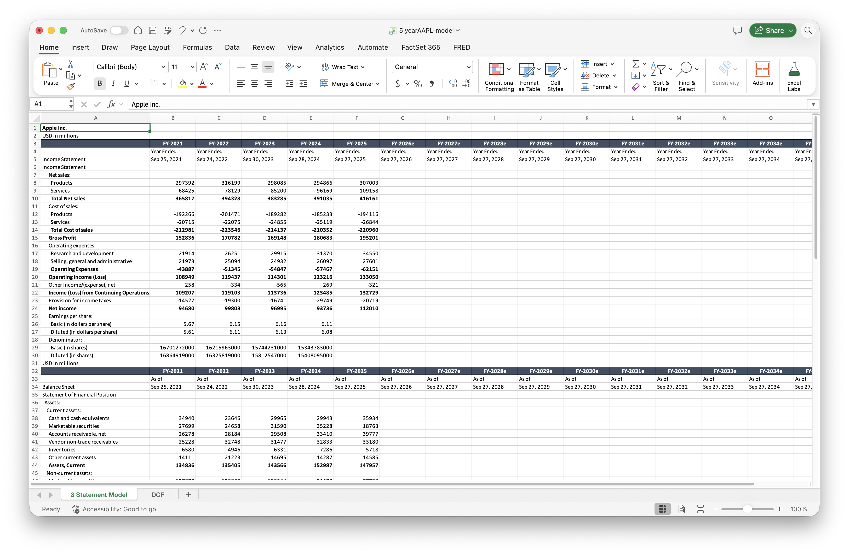 Apple’s exported three-statement model in Excel, with historical financial figures and forecast columns.