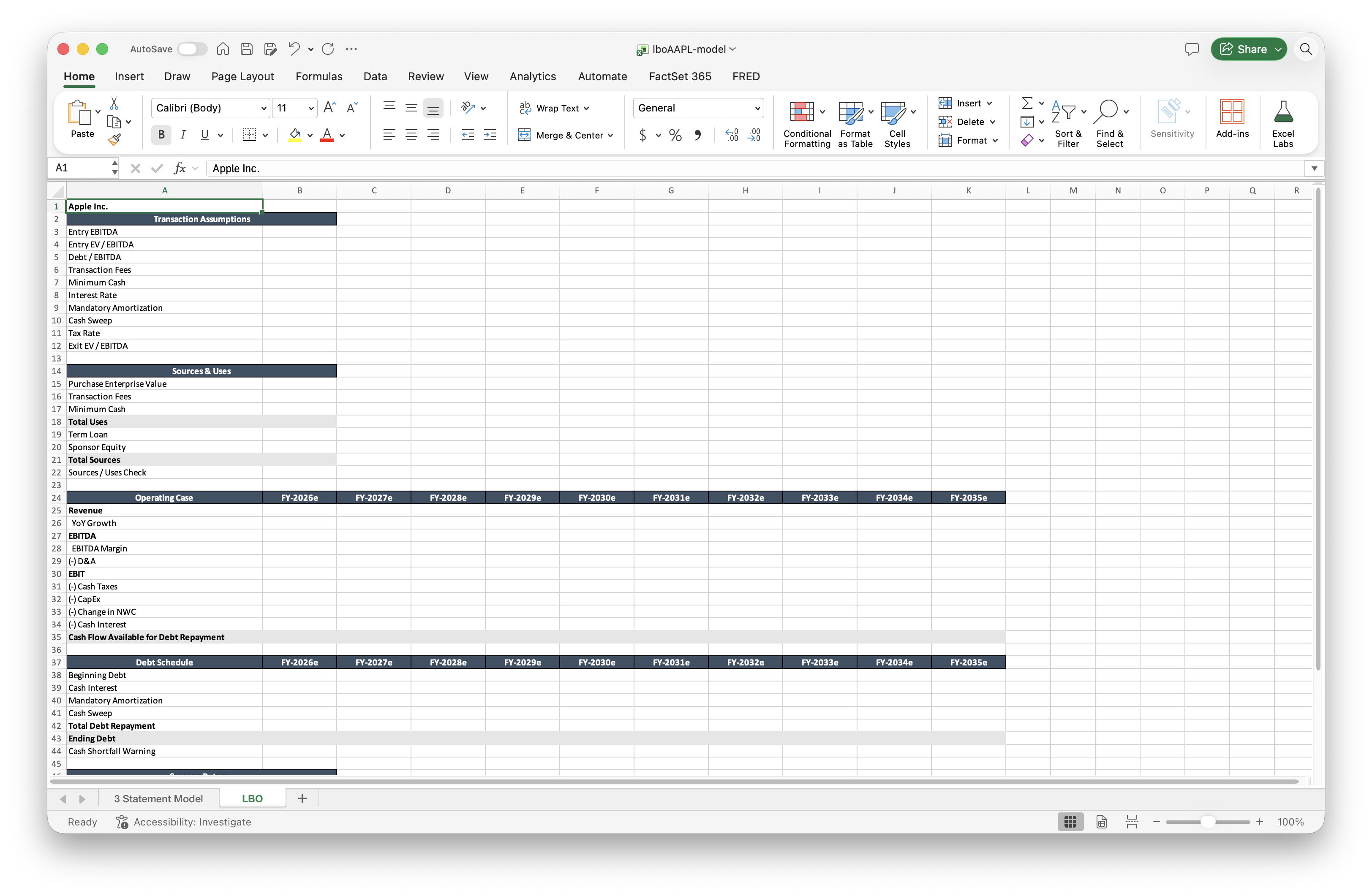 LBO template in Excel with transaction assumptions, sources and uses, an operating case, and a debt schedule.