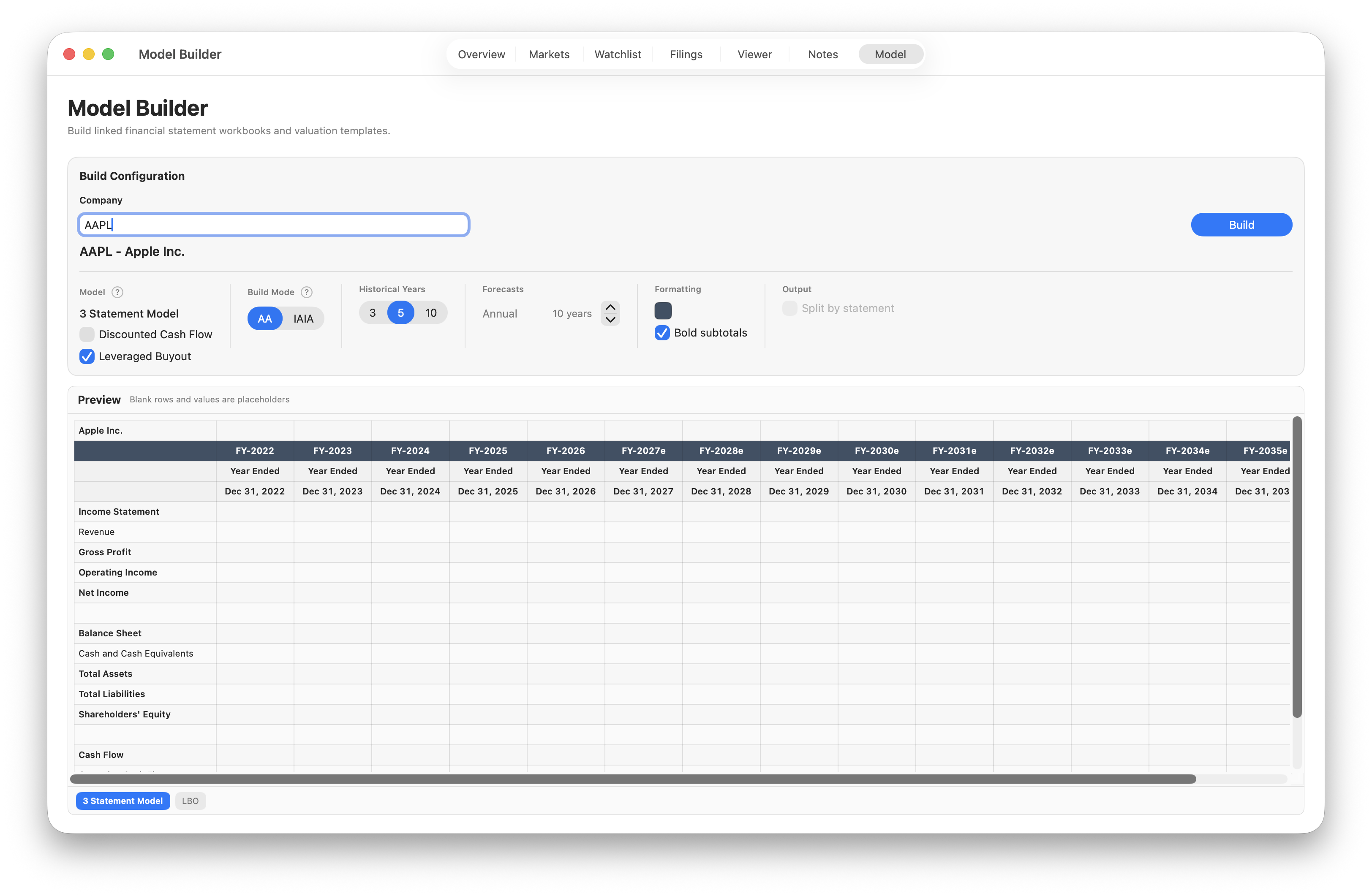 Model Builder configured for Apple with AA mode, five historical years, ten forecast years, Leveraged Buyout selected, and Bold subtotals enabled.