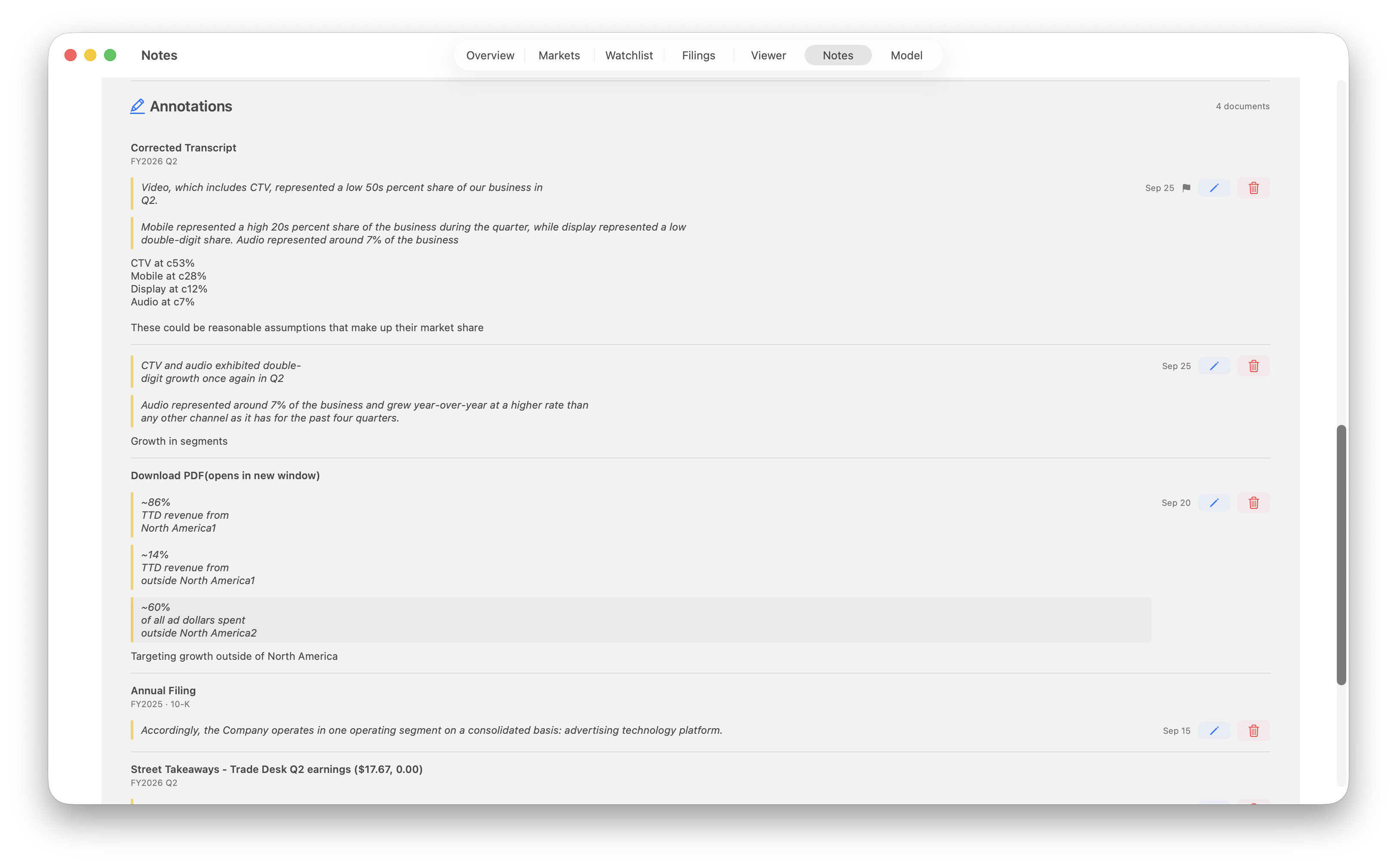 Trade Desk annotations grouped by document, with quoted excerpts, analyst comments, an important flag, and edit and delete controls.