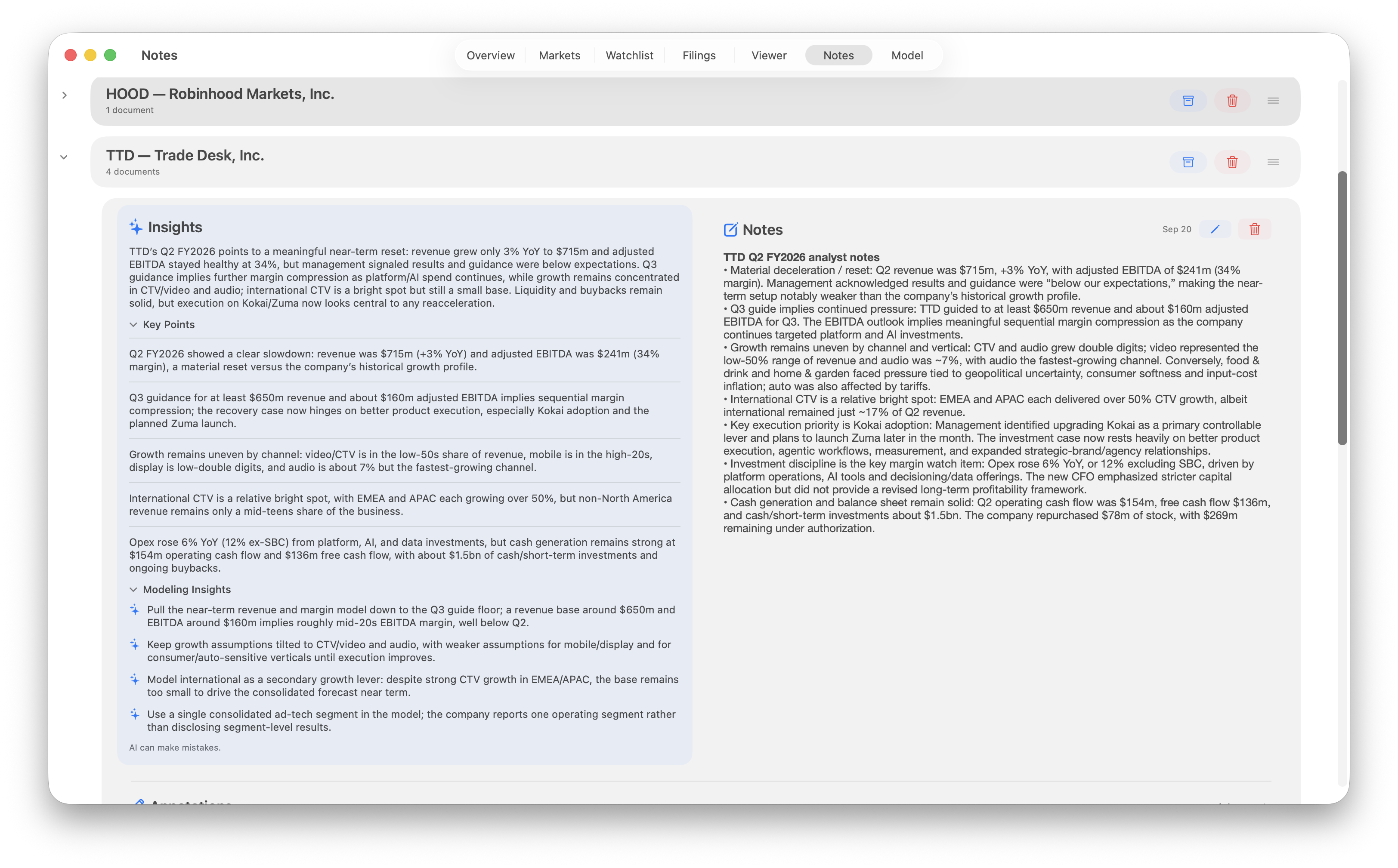 Notes tab with company groups and Trade Desk research expanded, showing Insights, Key Points, Modeling Insights, and saved analyst notes.