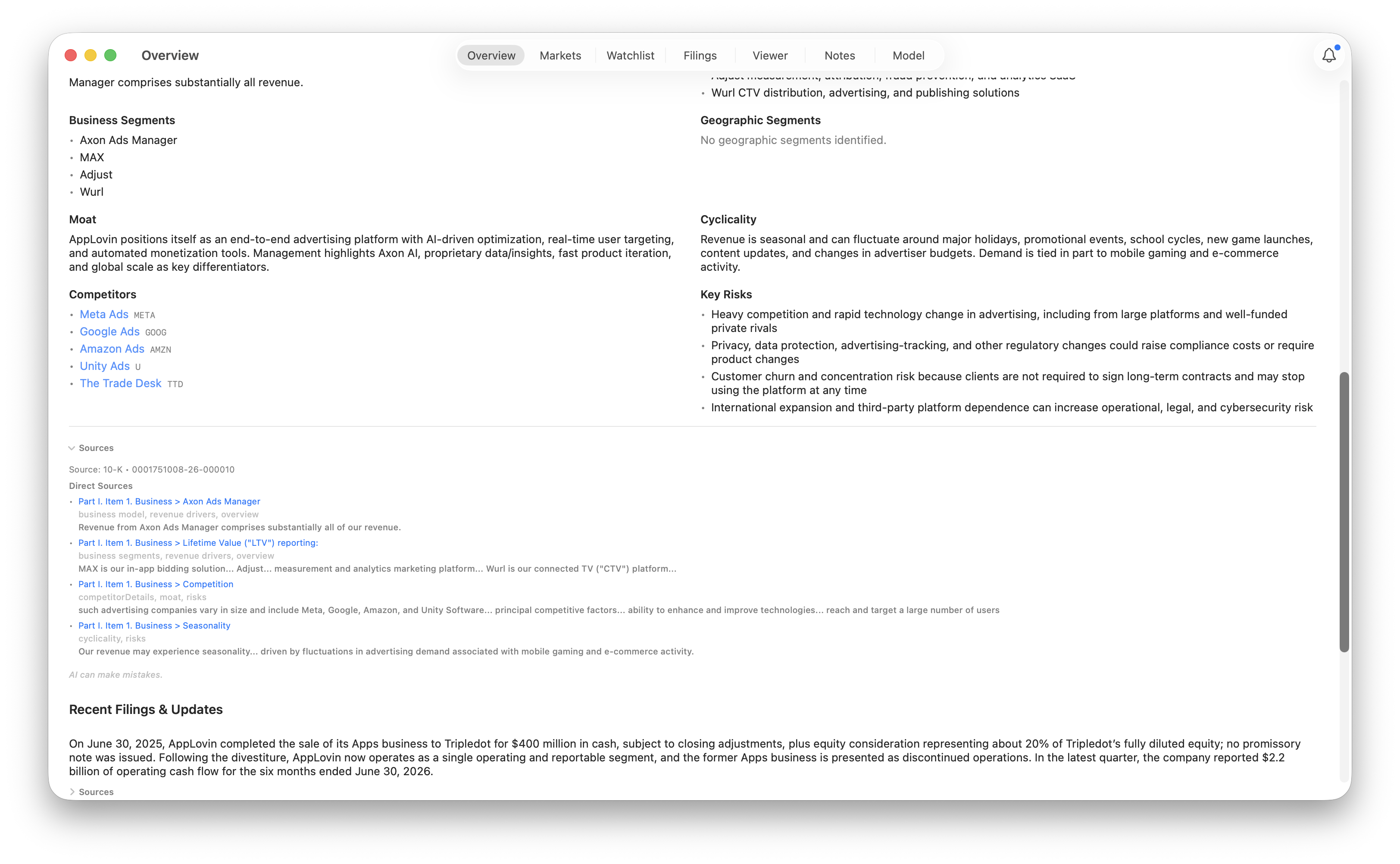 Expanded Sources for AppLovin’s Company Overview, showing the source filing, linked sections, related overview fields, and excerpts.