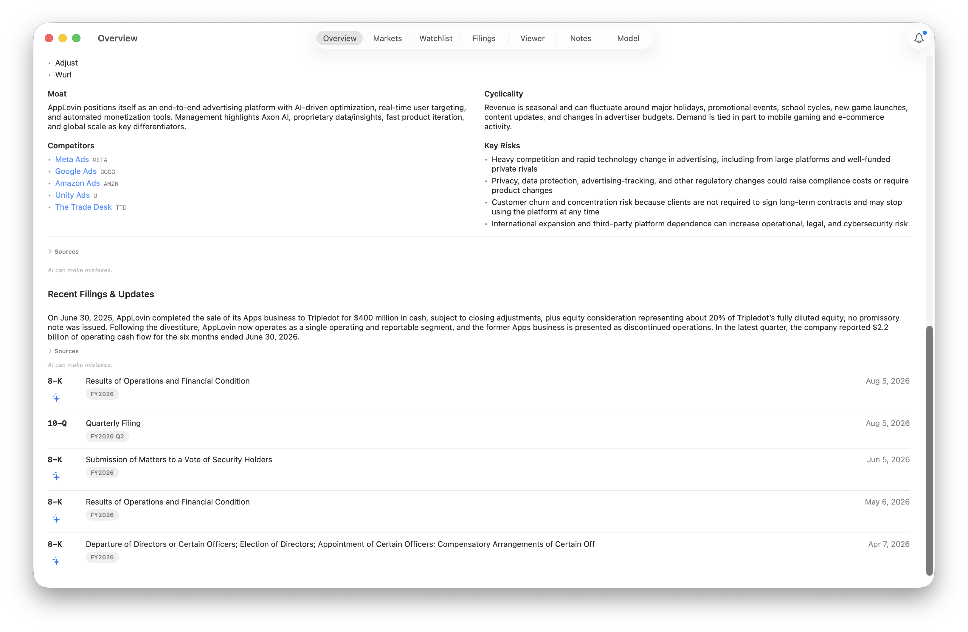 AppLovin’s Recent Filings & Updates, showing a developments summary, Sources, and recent 8-K and 10-Q filings.