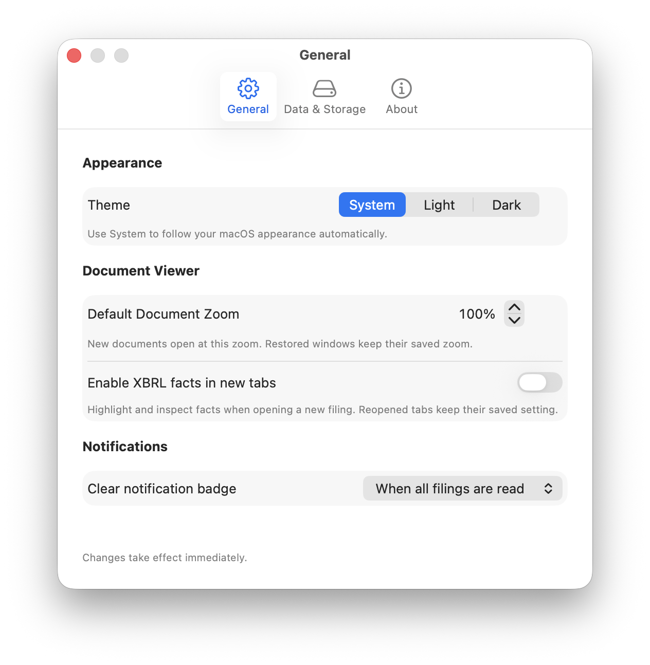 General settings with System, Light, and Dark themes, default document zoom, an XBRL facts toggle for new tabs, and notification badge behavior.