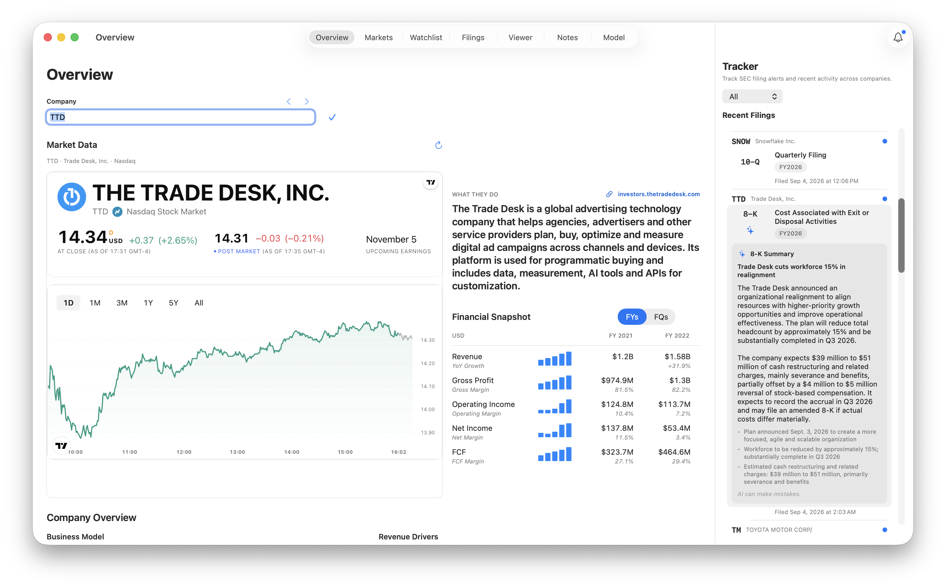 Expanded Trade Desk 8-K summary in the Tracker, showing its organizational realignment, expected restructuring costs, and key points.