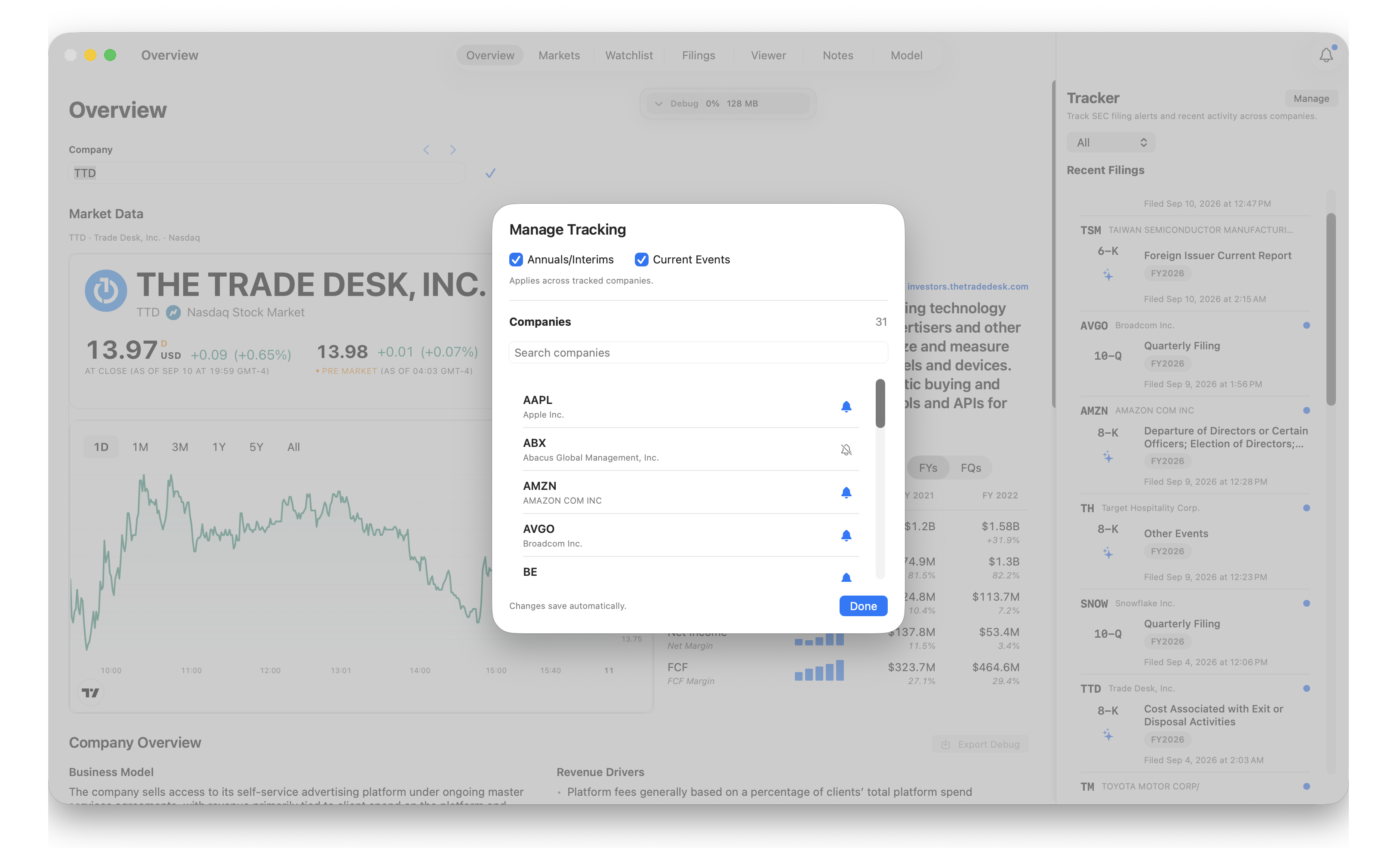 Manage Tracking dialog with Annuals/Interims and Current Events enabled, company search, and bell controls showing included and excluded companies.