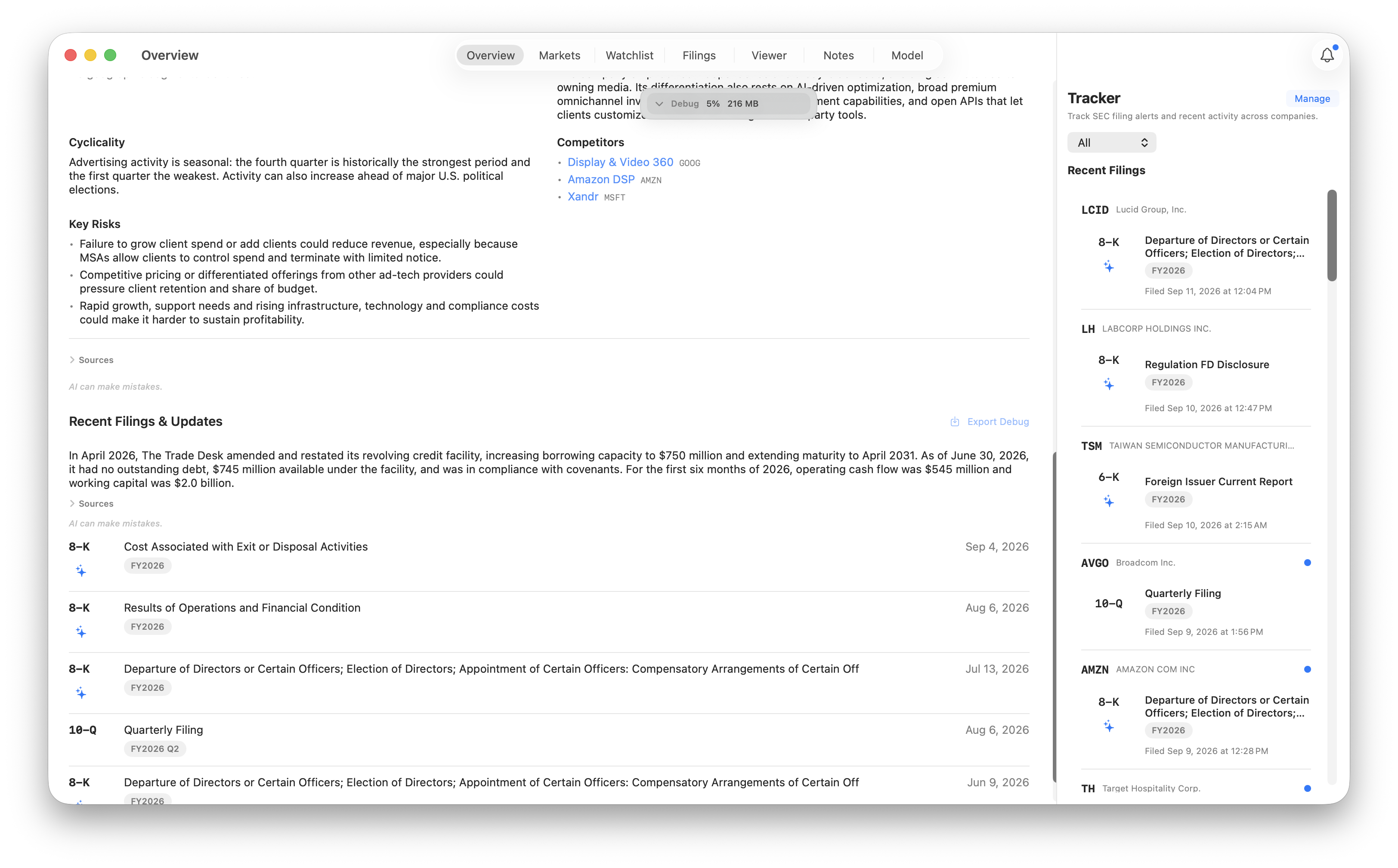 Tracker with Manage visible and All selected, showing recent filings from multiple companies and blue unread indicators.
