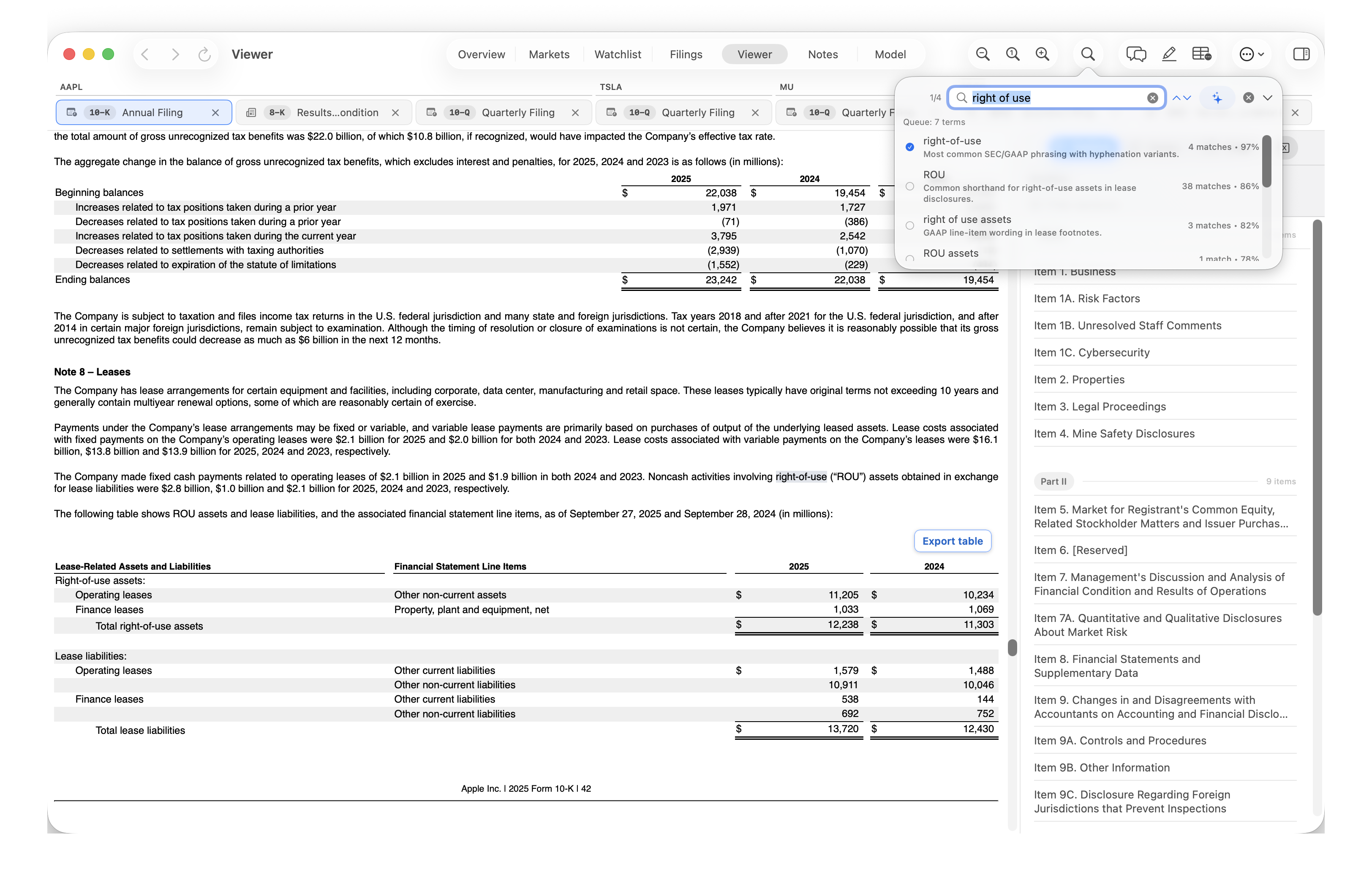 AI search suggestions for right of use, including right-of-use, ROU, and right of use assets, with explanations, match counts, and confidence percentages.