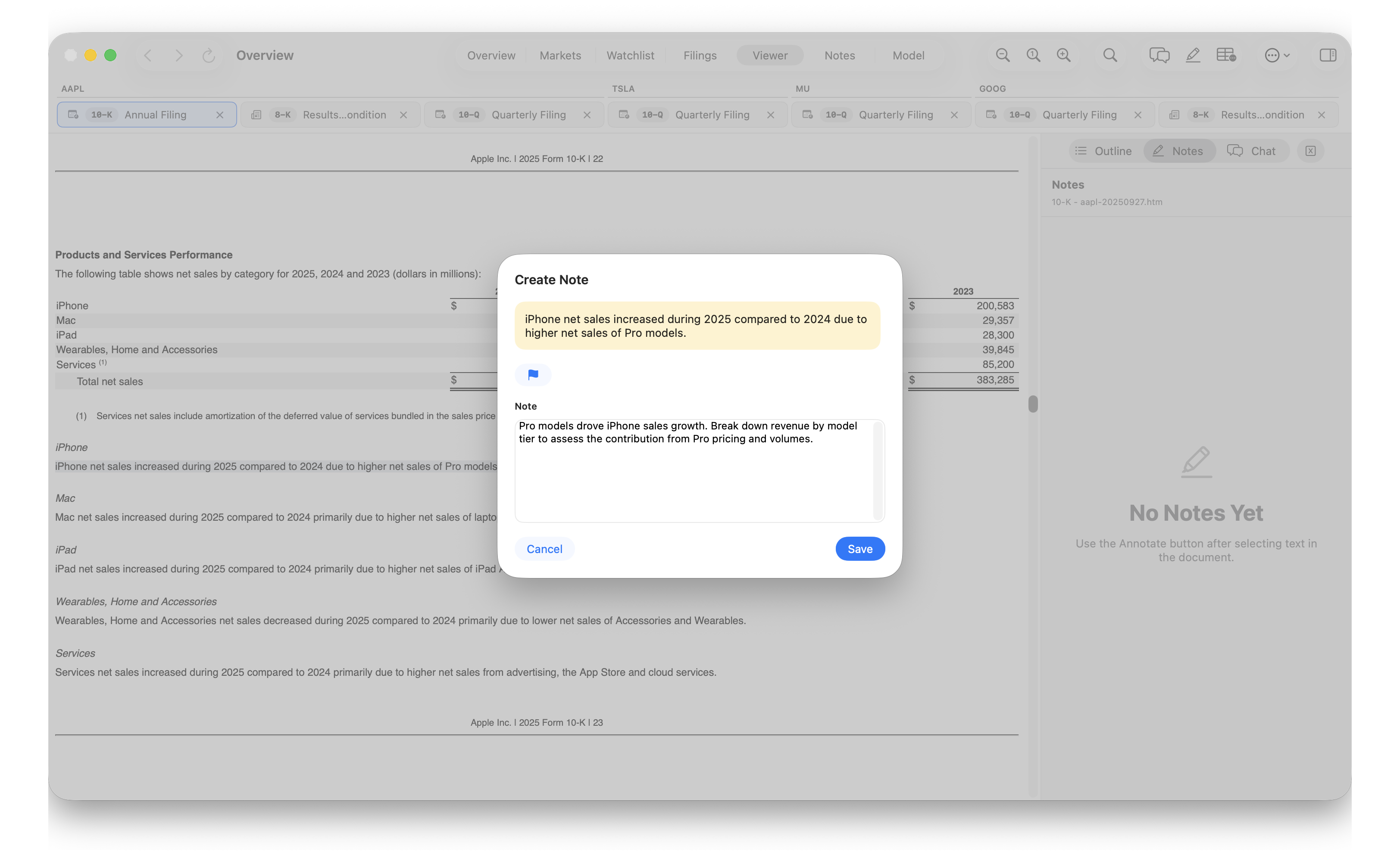 Create Note dialog with a passage from Apple’s 10-K, a flag, and a research note about iPhone Pro sales.