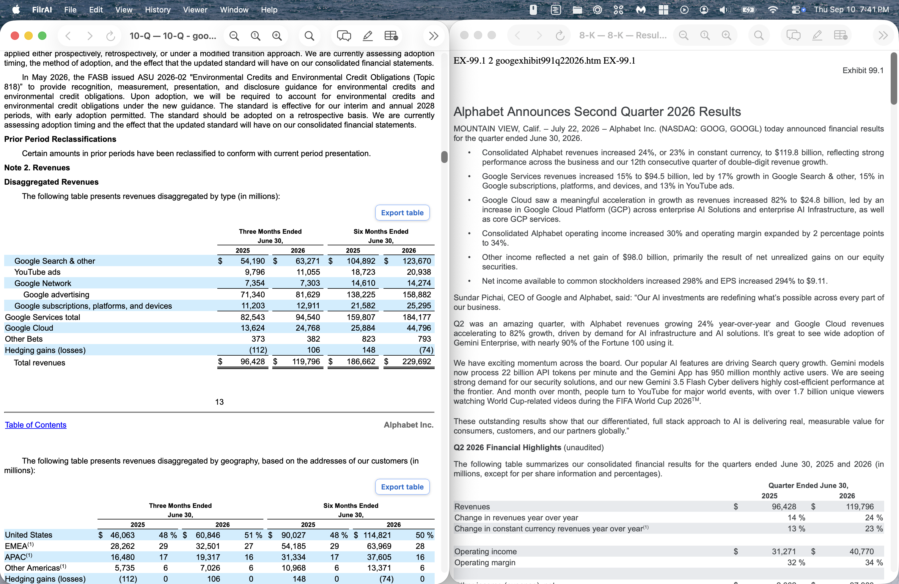 Two detached FilrAI document windows side by side, with an Alphabet quarterly report on the left and an earnings release on the right.
