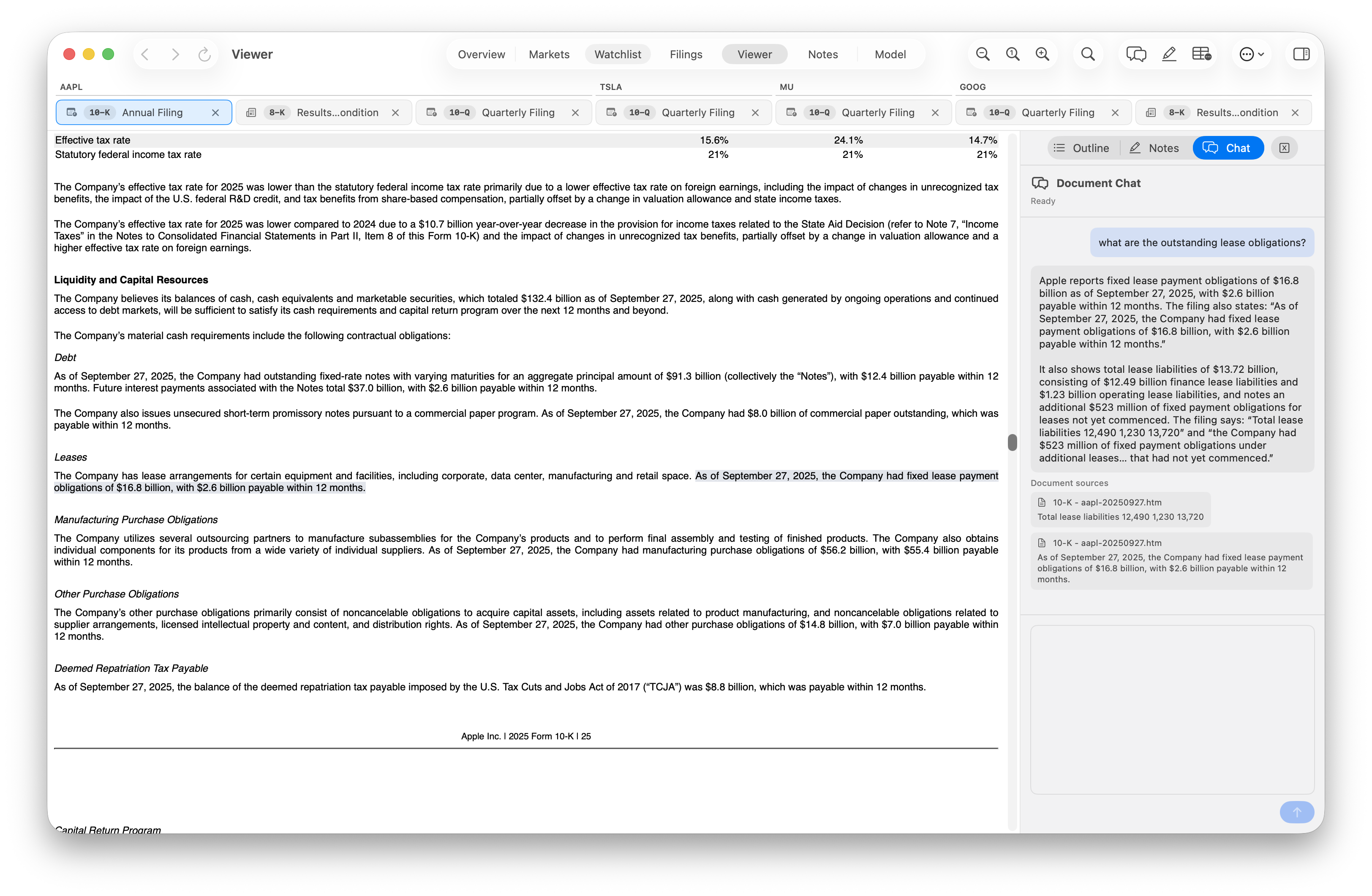 Document Chat beside Apple’s 10-K, with a question about lease obligations, an answer, and linked source passages.