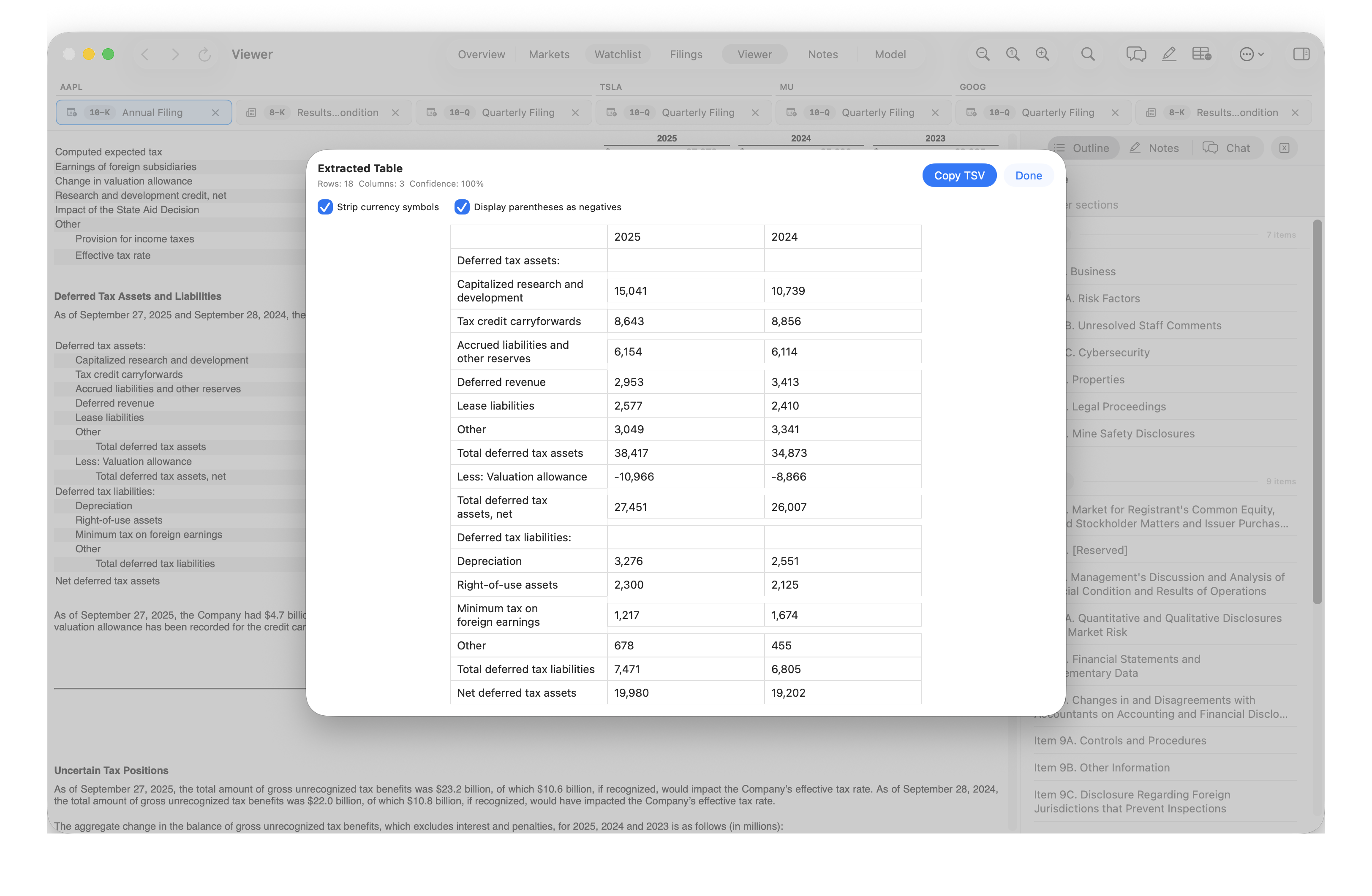 Extracted Table preview of Apple’s deferred tax assets and liabilities, with formatting options and Copy TSV.