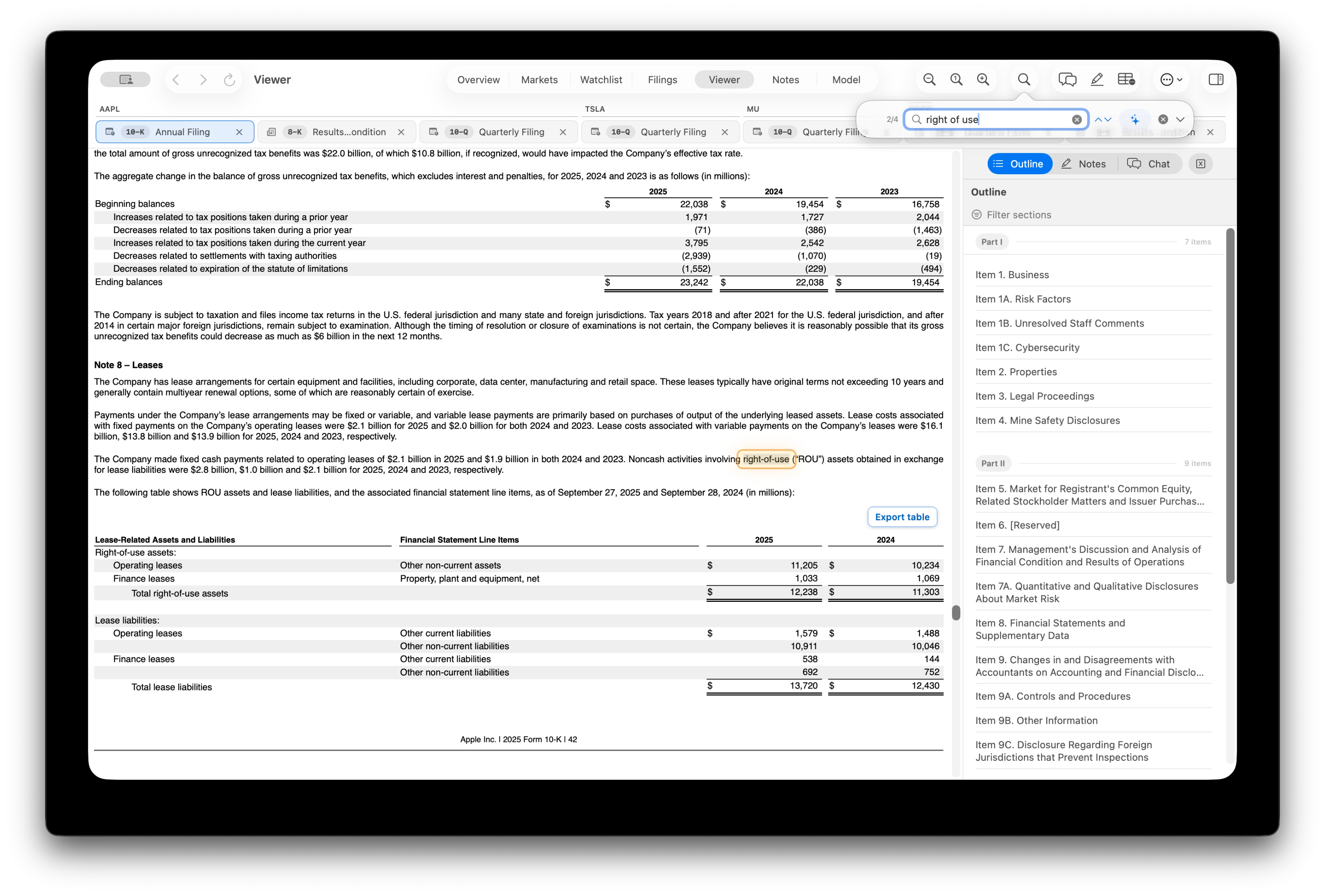 Find popover searching for right of use with a 2/4 match counter and a yellow highlight on the matching passage in an Apple filing.