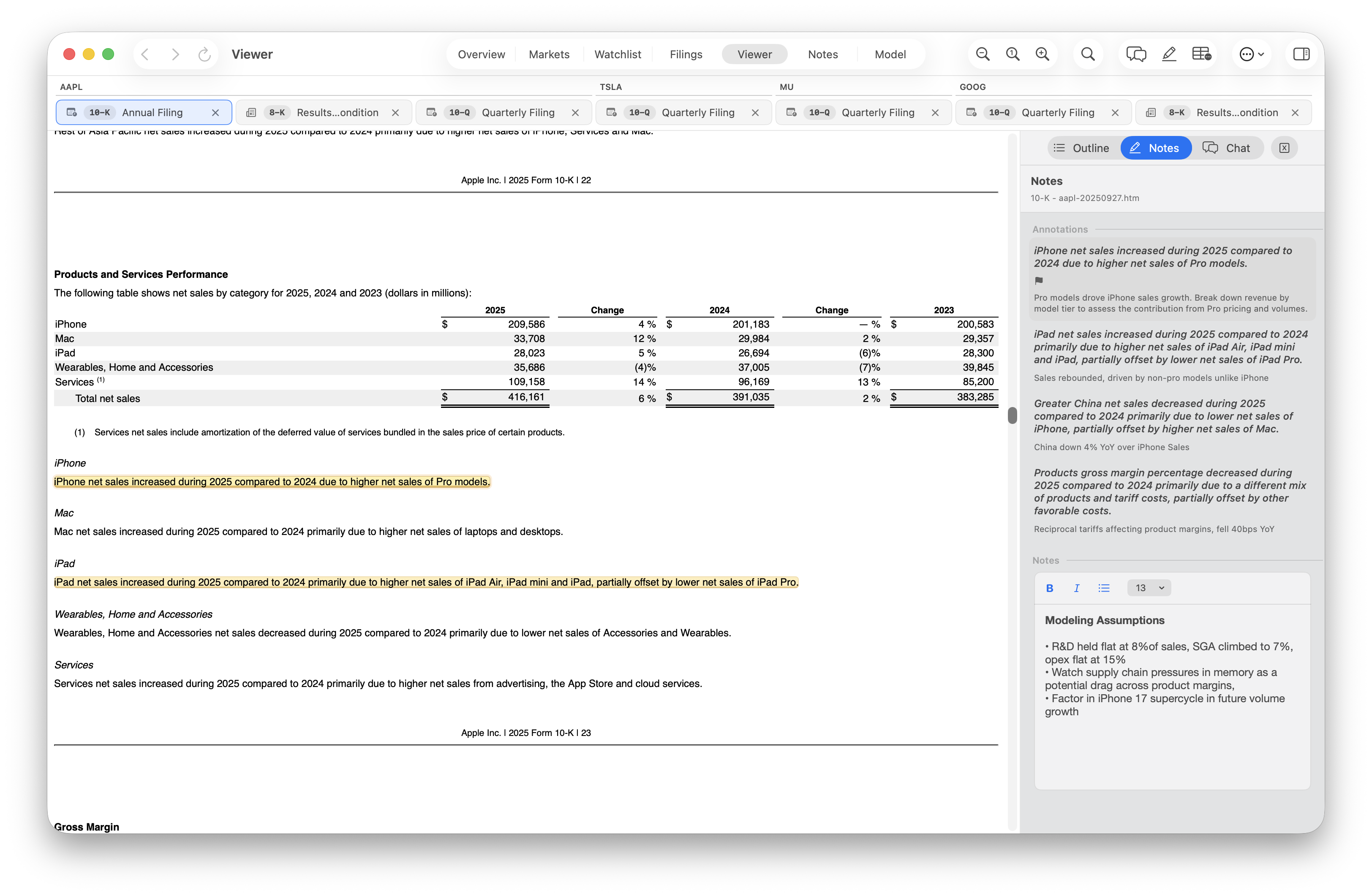 The Notes sidebar with saved annotations, comments, and an important flag.