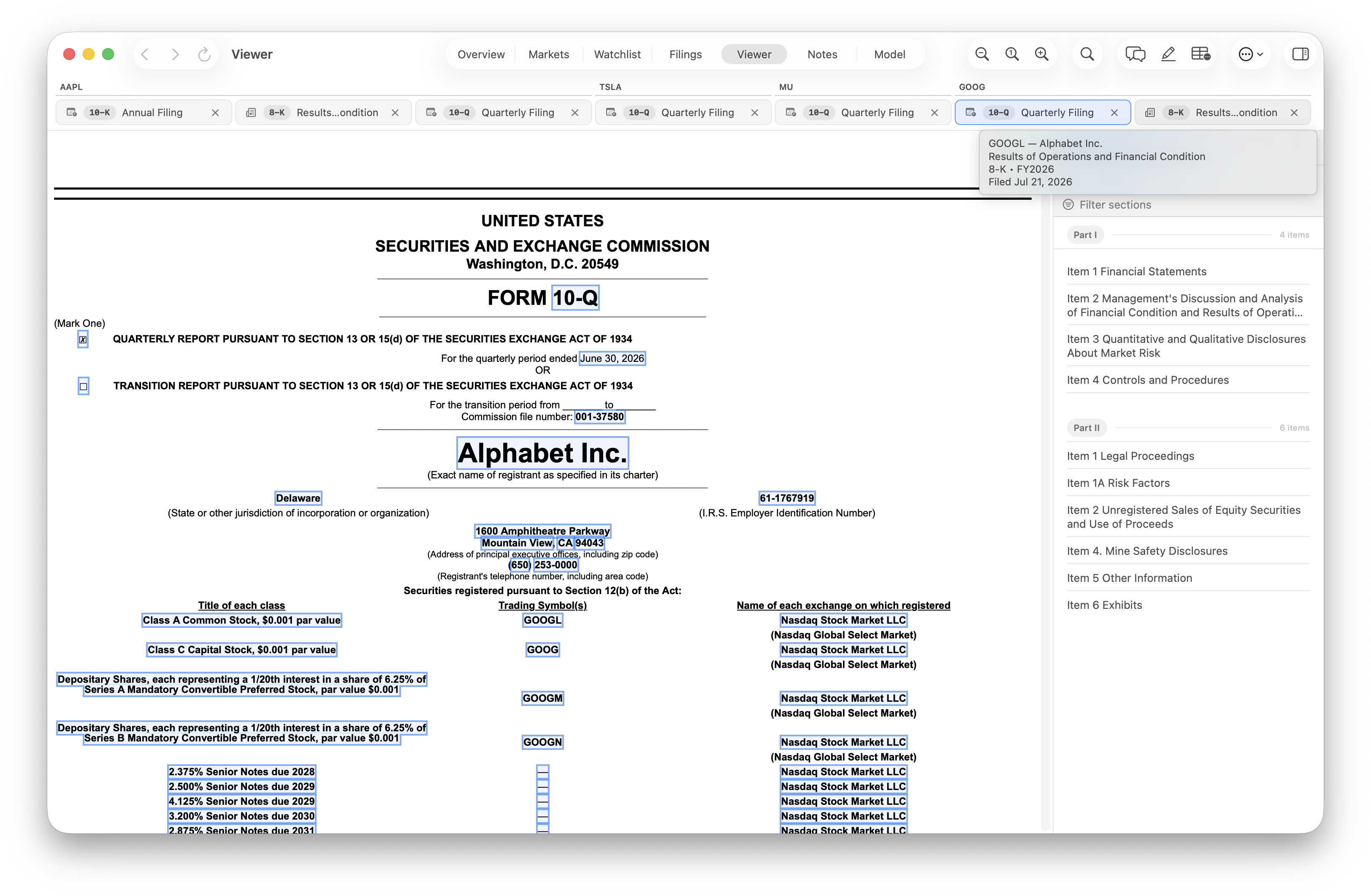 Alphabet document tabs with a tooltip showing the company, filing description, form, fiscal period, and filing date.