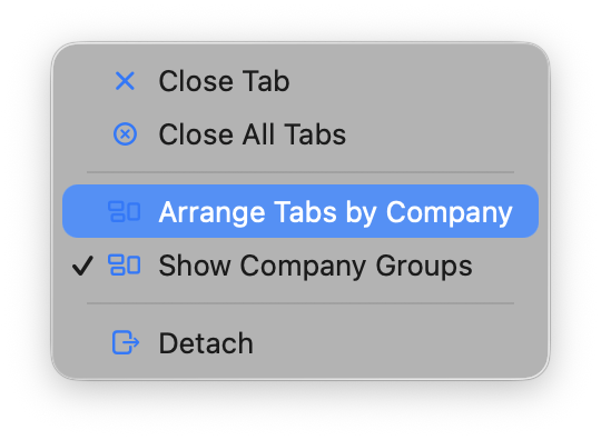 Tab context menu with Close Tab, Close All Tabs, Arrange Tabs by Company, Show Company Groups, and Detach.