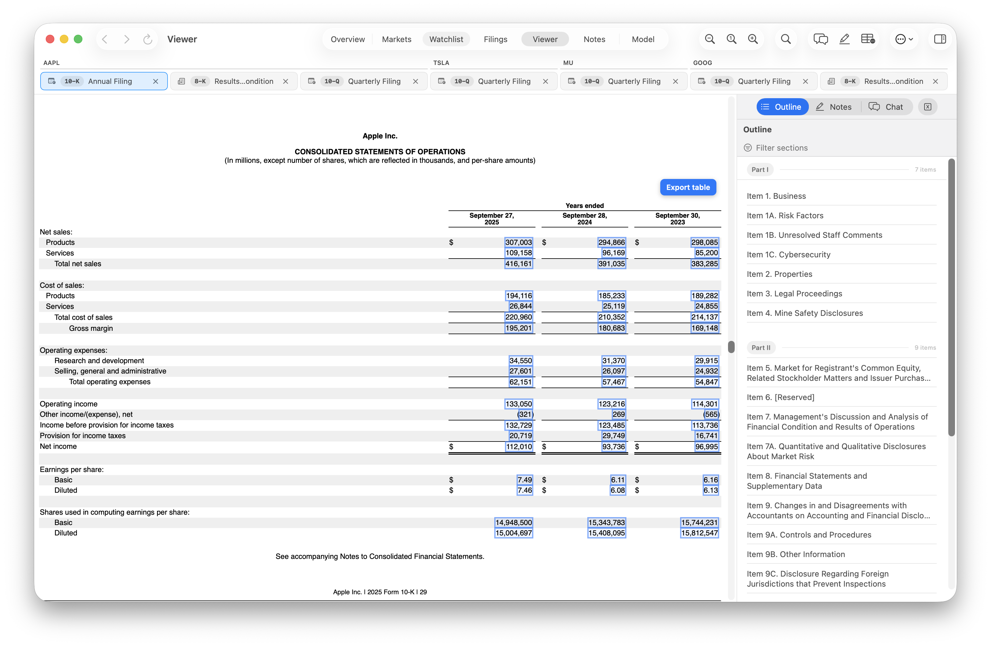 Apple’s consolidated statements of operations in the Viewer with the Export table control visible.