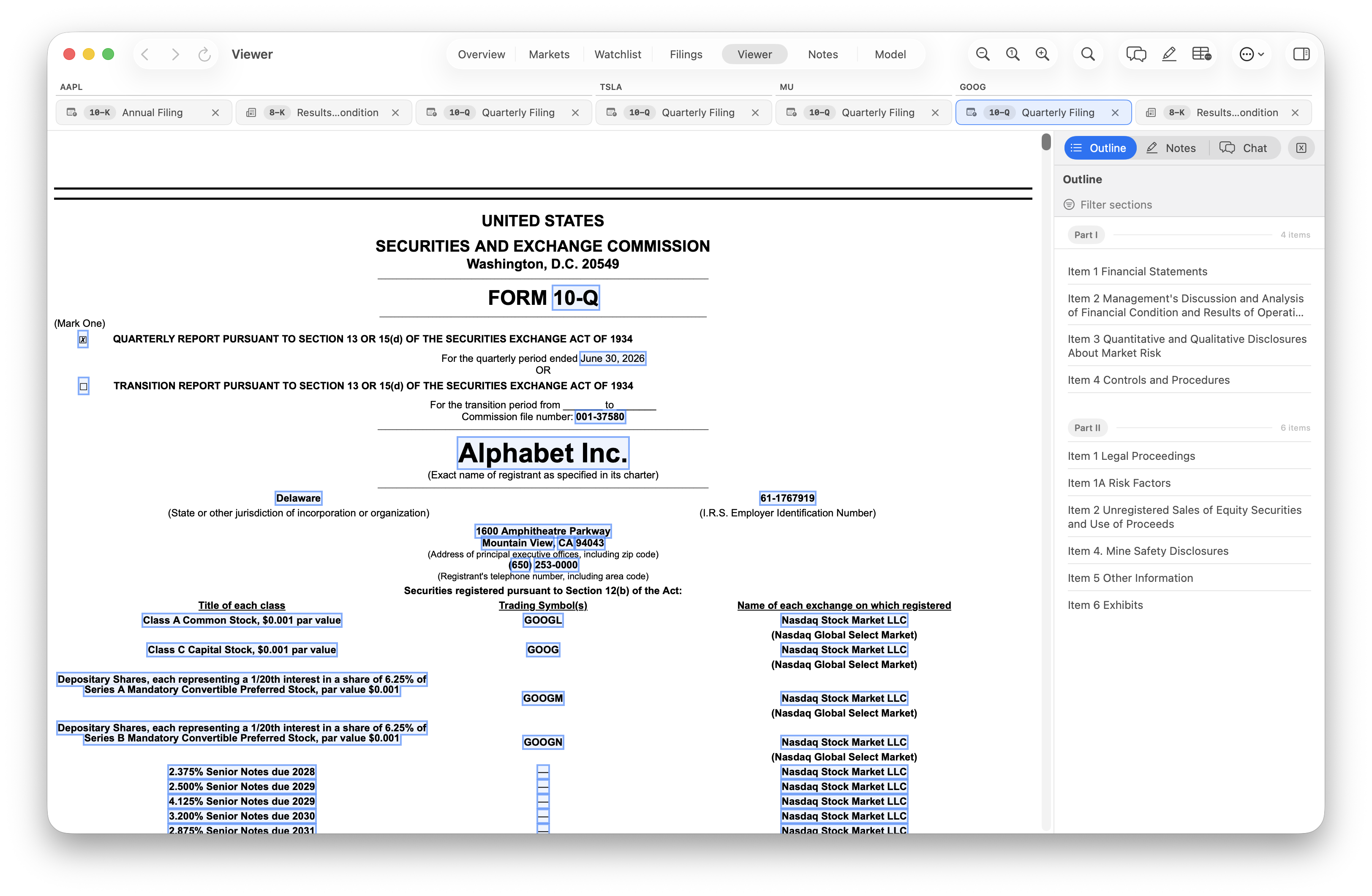 FilrAI Viewer showing company-grouped document tabs, an Alphabet quarterly filing, and the Outline sidebar.