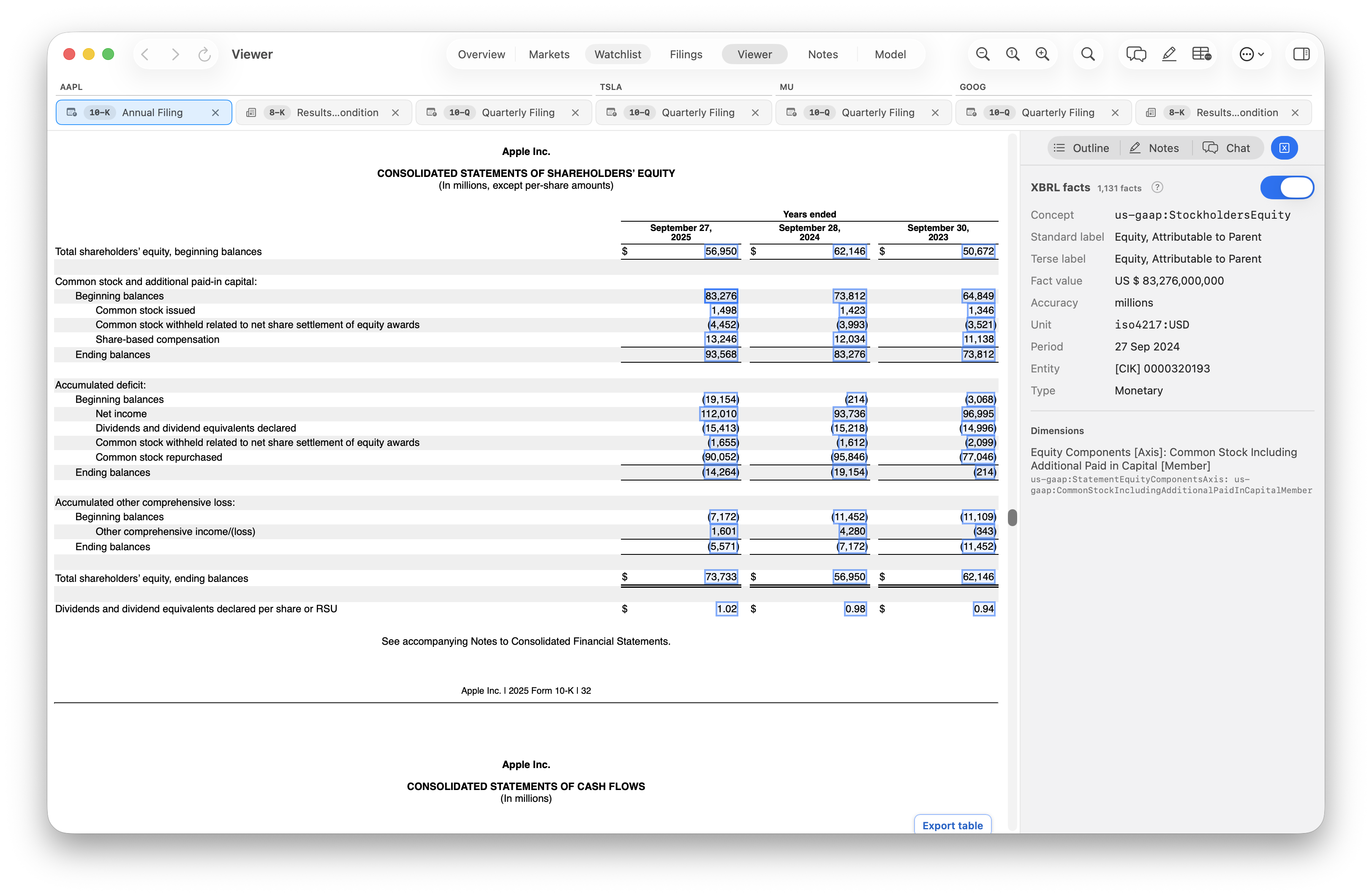 Apple’s 10-K with highlighted XBRL values and the selected fact’s labels, value, period, unit, and dimensions in the sidebar.