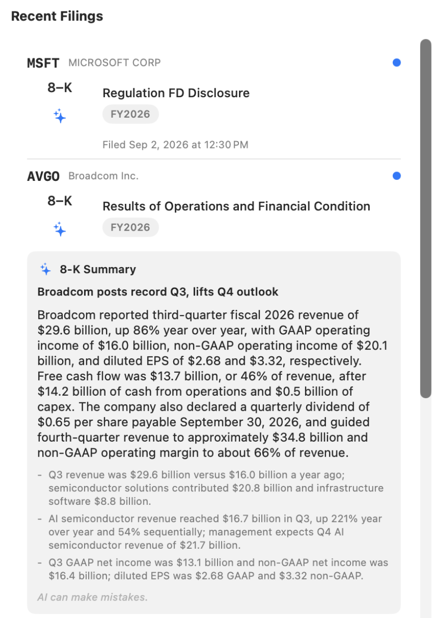 FilrAI Filing Tracker showing recent filings, unread filing indicators, and an expanded AI-assisted 8-K summary beneath a Broadcom filing.