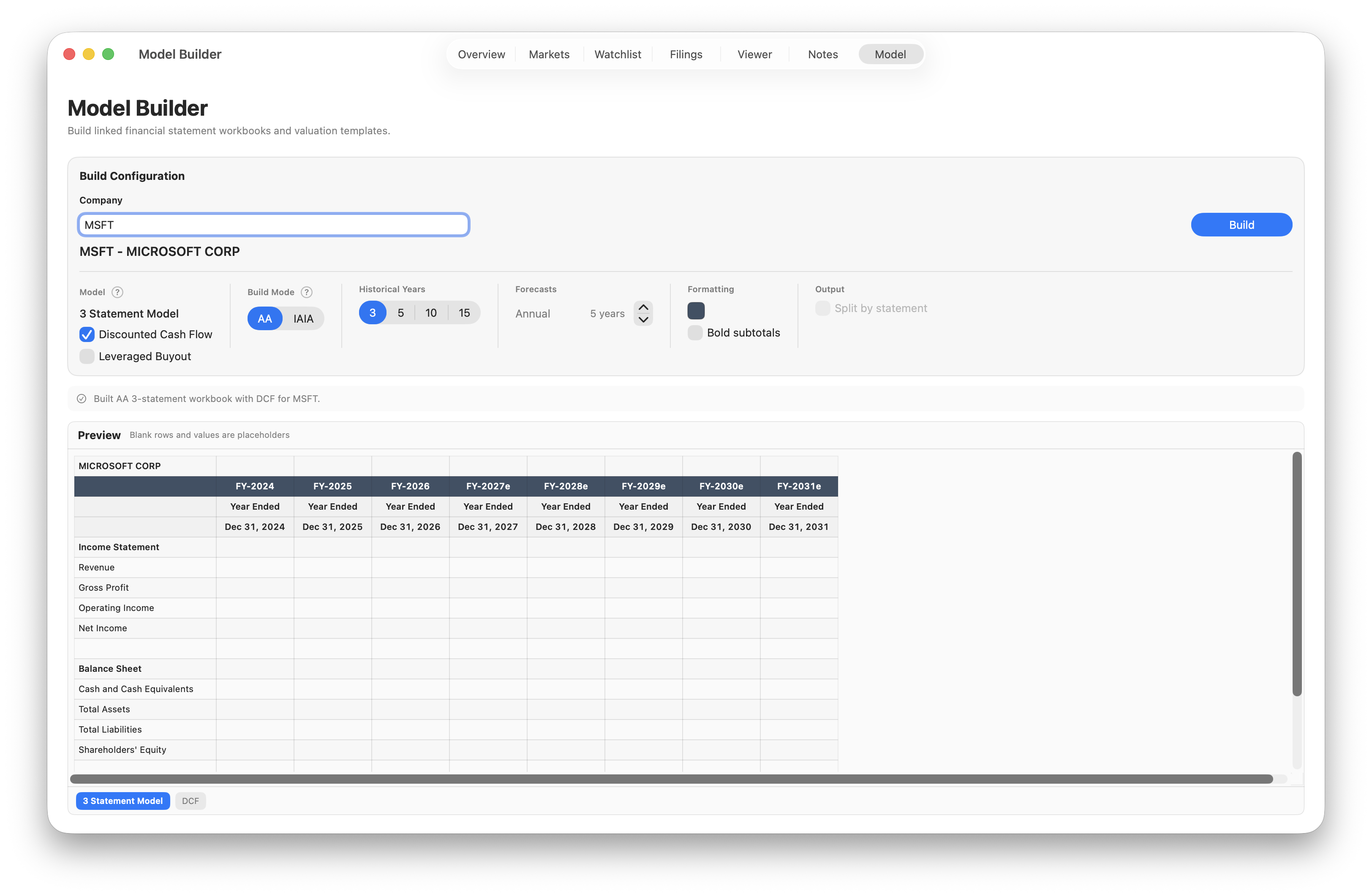 Model Builder configured for Microsoft, showing historical years, a discounted cash flow option, and a preview of the workbook layout.
