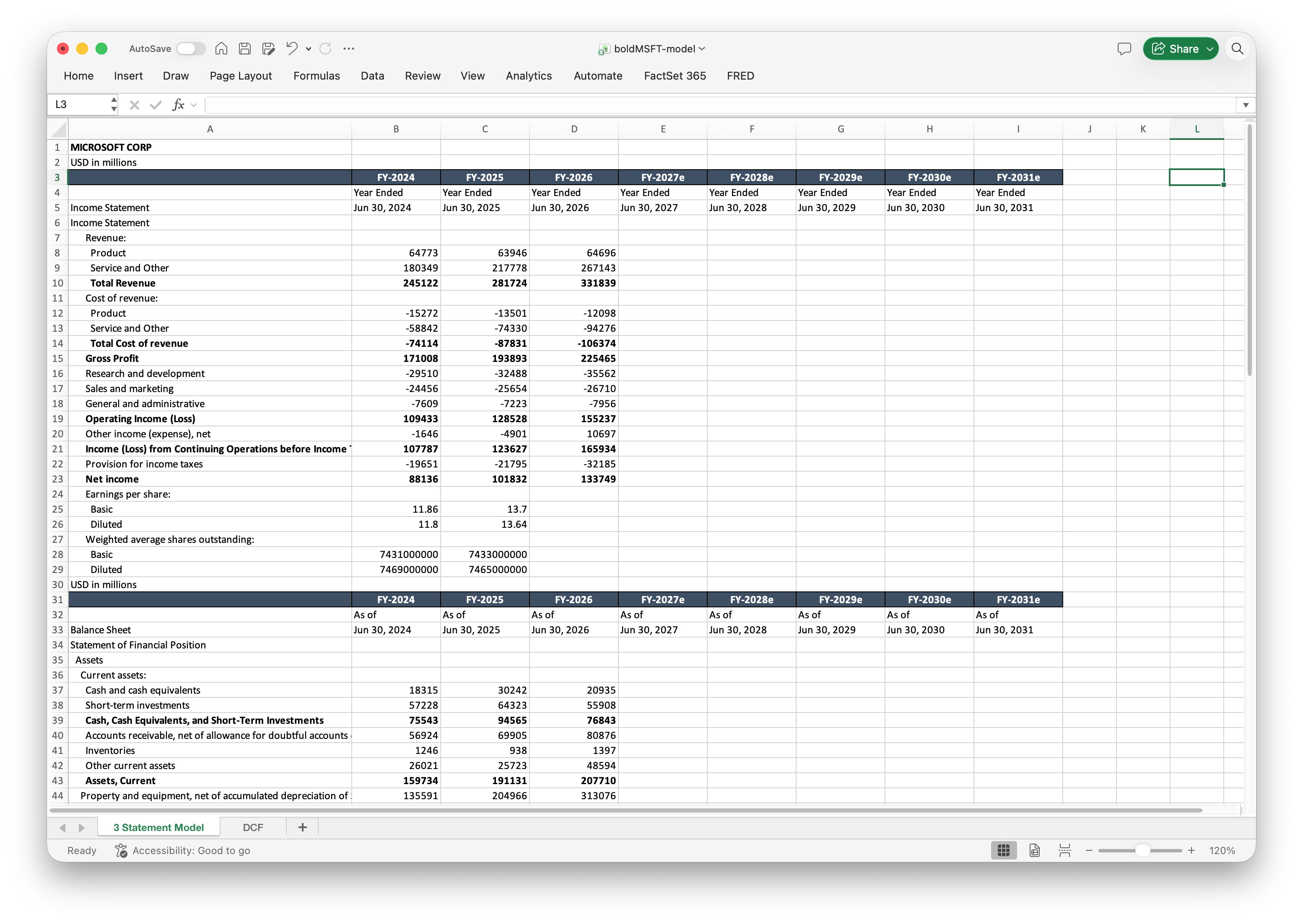 Exported Microsoft Excel model with populated historical income statements and balance sheets alongside forecast columns.