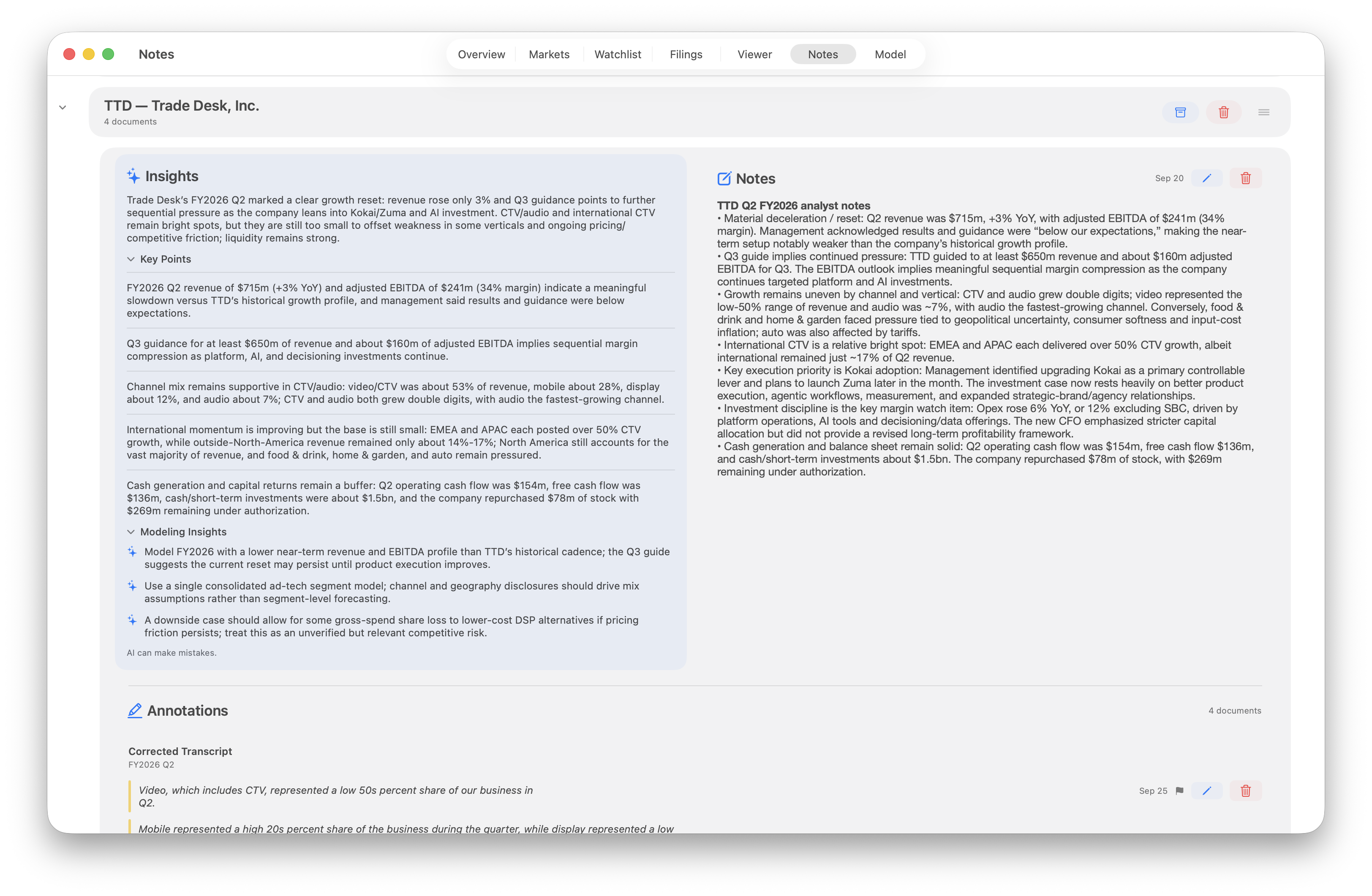 Trade Desk research in the Notes tab, with AI insights and modeling insights beside saved company notes and document annotations below.