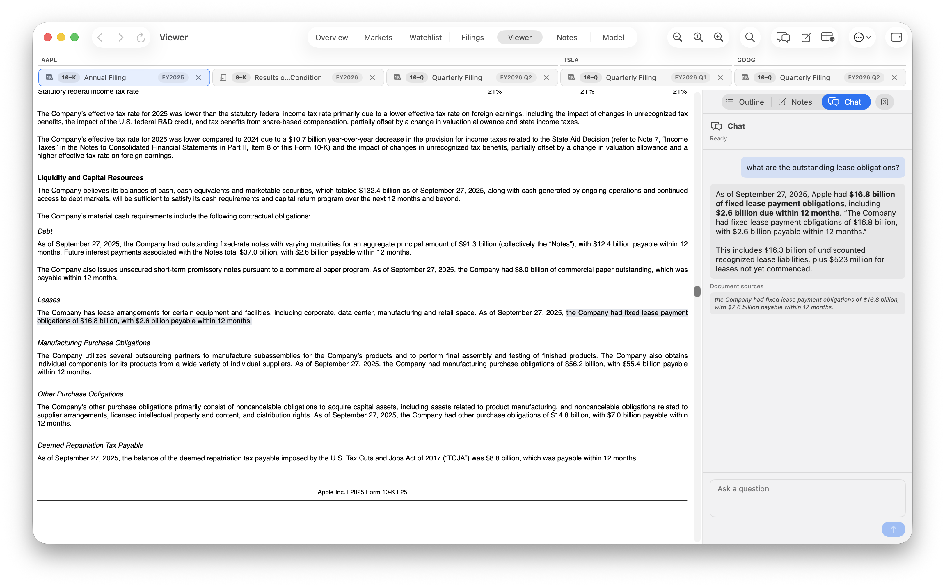 Document Chat answering a question about Apple's lease obligations, with linked document sources below the answer.