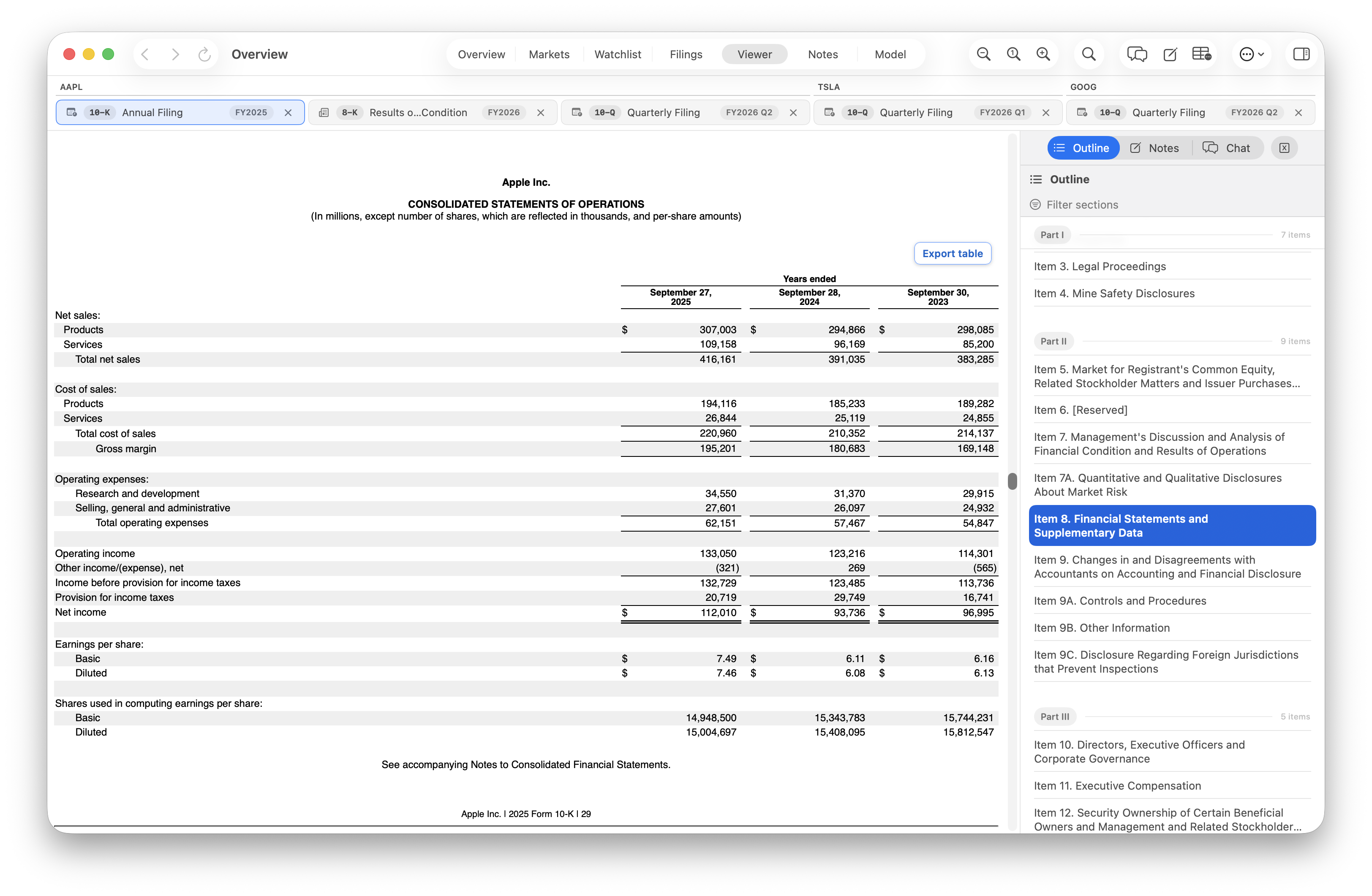 Apple's annual filing open in FilrAI, with multiple company filing tabs, section navigation, and an Export table button.